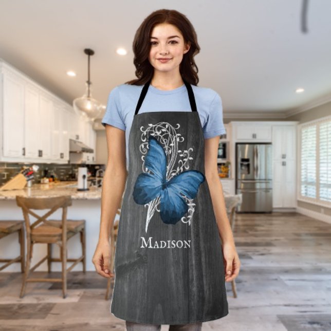 Papillon Rustique bleu tablier personnalisé (Blue Rustic Butterfly Personalized Apron)