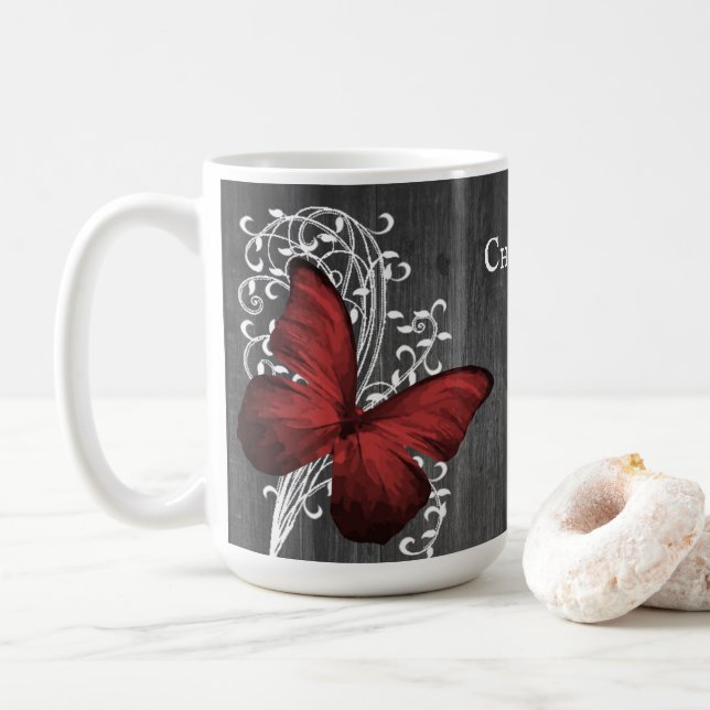 Papillon rustique rouge Mug de café personnalisé (Avec donut)