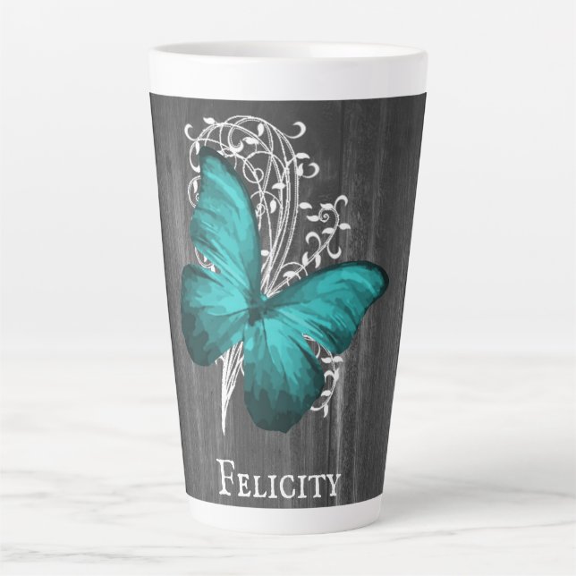 Papillon rustique turquoise Mug Latte personnalisé (Devant)