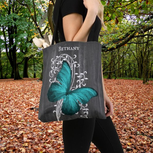 Papillon rustique turquoise Sac fourre-tout person (Teal Rustic Butterfly Personalized Tote Bag)