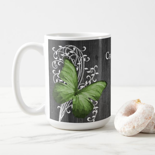 Papillon rustique vert Mug de café personnalisé (Avec donut)