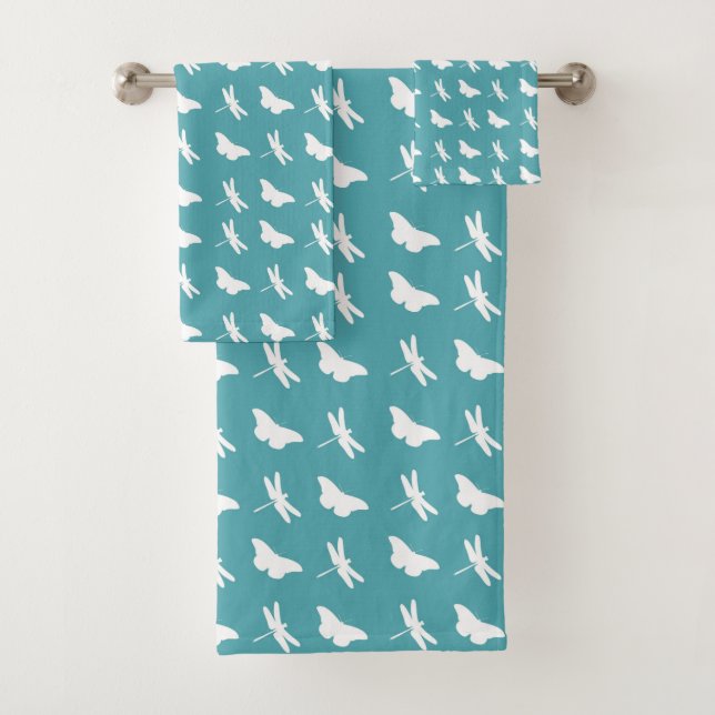 Papillon sarcelle et blanc et motif de libellule (En situation)