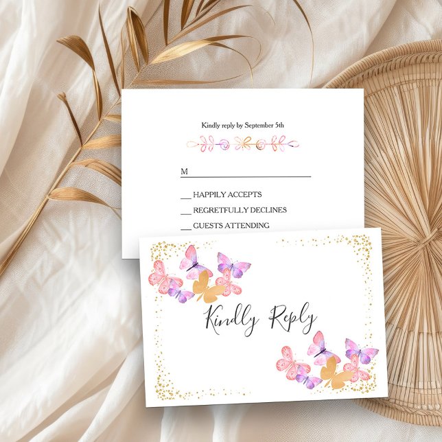 Papillon Ski Coral Rose Gold Confetti Carte RSVP (RSVP cards from my Butterfly Skies Quinceanera collection)