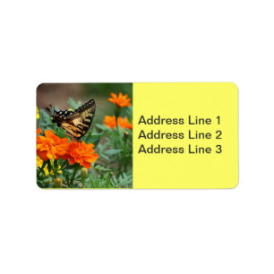 Papillon sur étiquette de fleurs orange et jaune