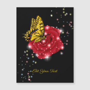 Papillon sur rose rouge avec étoiles et gouttes de