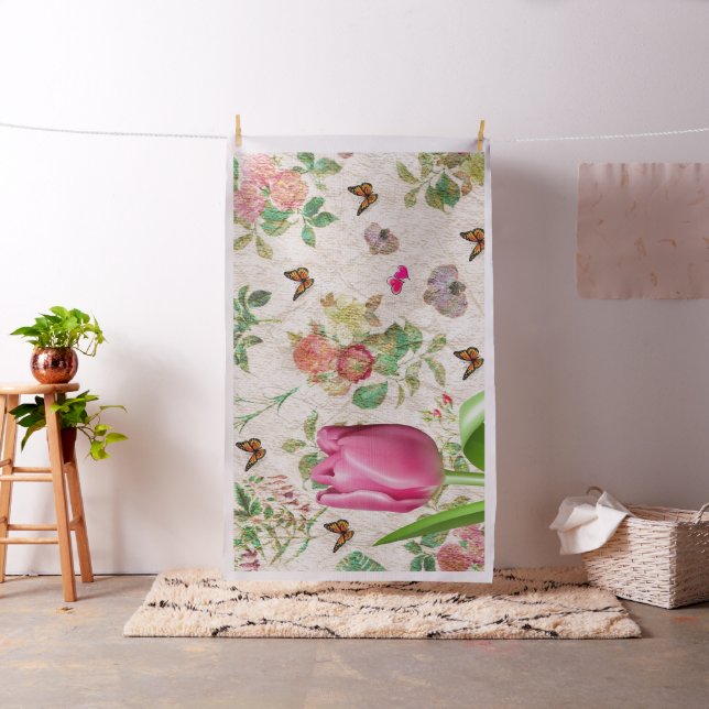 Papillon Tulipe rose Coeurs roses Tissu floral (In Situ)