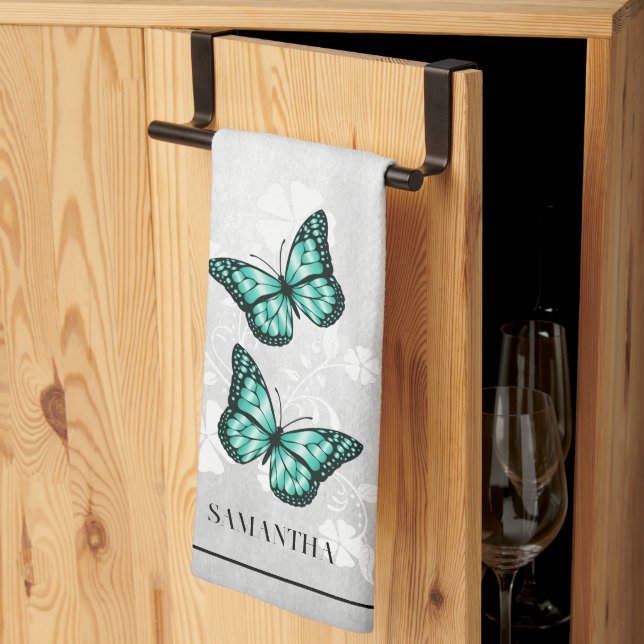 Papillon turquoise Floral serviette de cuisine (Pliage en tiers)