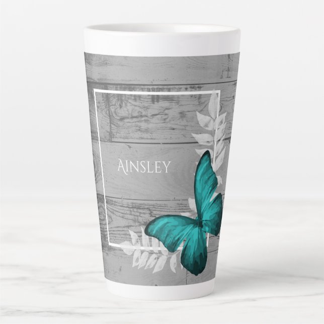Papillon turquoise Rustique Latte Mug personnalisé (Devant)