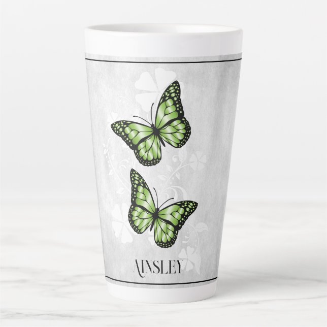 Papillon vert Floral Latte Mug personnalisé (Devant)