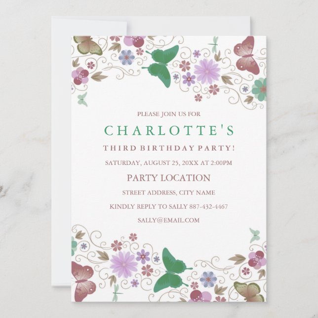 Papillon Vert Joli | Invitation d'anniversaire (Devant)