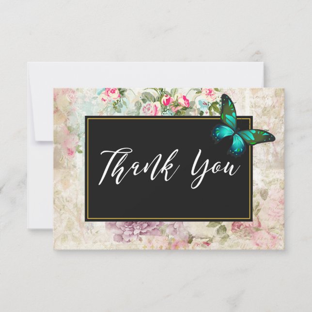 Papillon vert sur rose Roses Collage Merci (Devant)