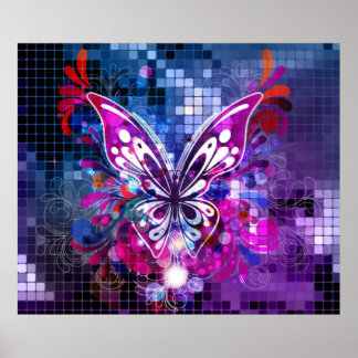 Papillon violet sur mosaïque arrière - plan Poster