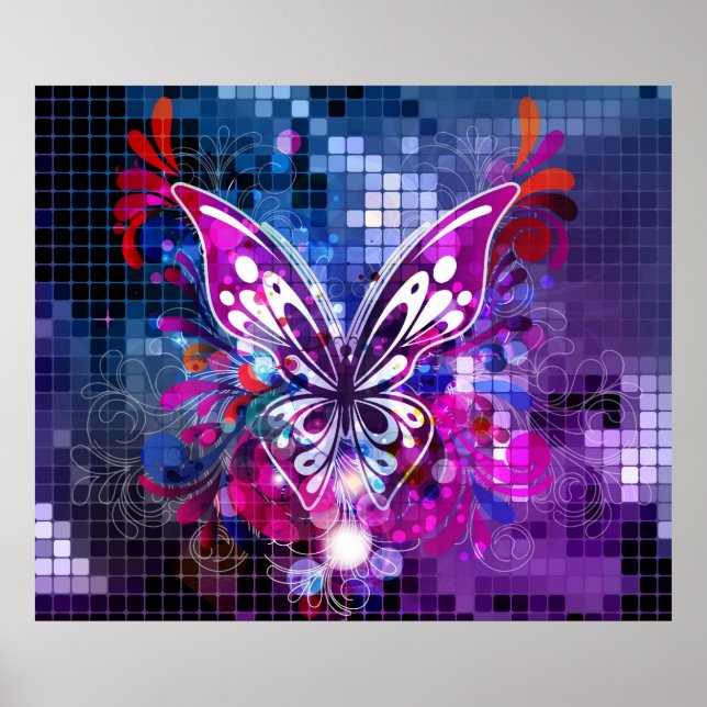 Papillon violet sur mosaïque arrière - plan Poster (Devant)