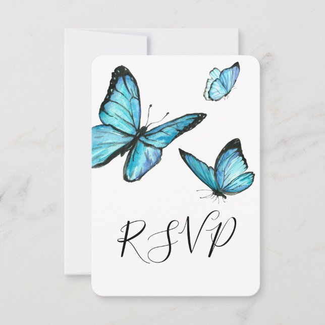 Papillons aquarelle bleus RSVP mariage tendance (Devant)