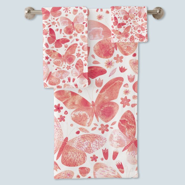 Papillons Aquarelle Corail rose (Coral blush pink and white watercolor butterfly towel set)