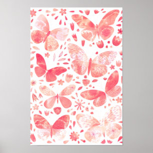 Papillons Aquarelle Corail Rose Poster
