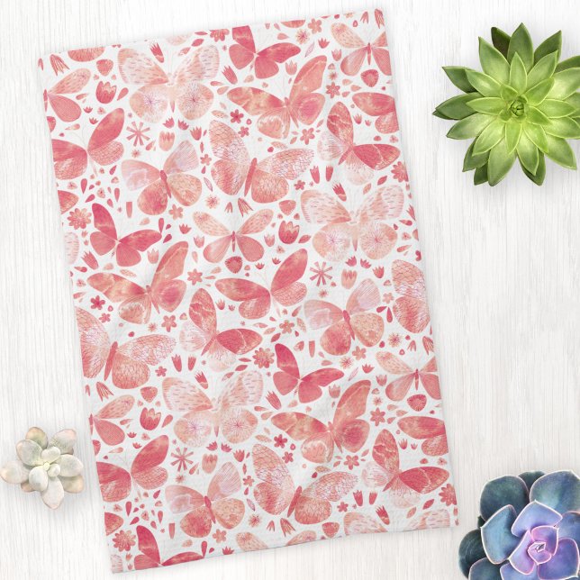 Papillons Aquarelle Coral rose Serviette de cuisin (Peach pink watercolor butterfly pattern kitchen tea towel)