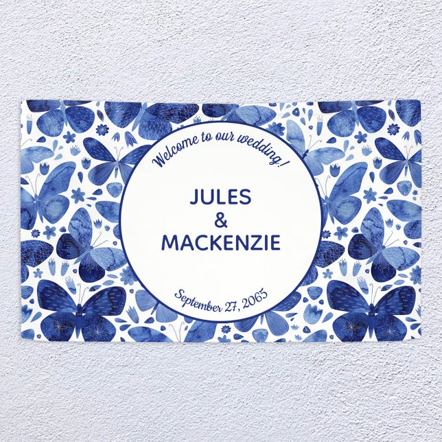 Papillons Aquarelle Indigo Bleu Mariage Bannière (Indigo navy blue and white watercolor butterfly pattern wedding welcome banner)