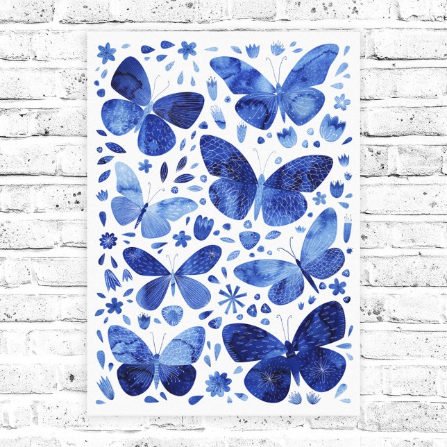 Papillons Aquarelle Indigo Bleu toile Imprimer (Blue watecolor butterfly canvas print)