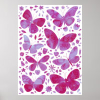 Papillons Aquarelle Magenta Pink Poster