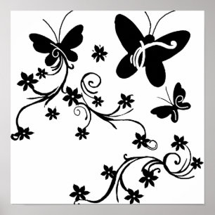 Papillons aux fleurs noir et blanc poster