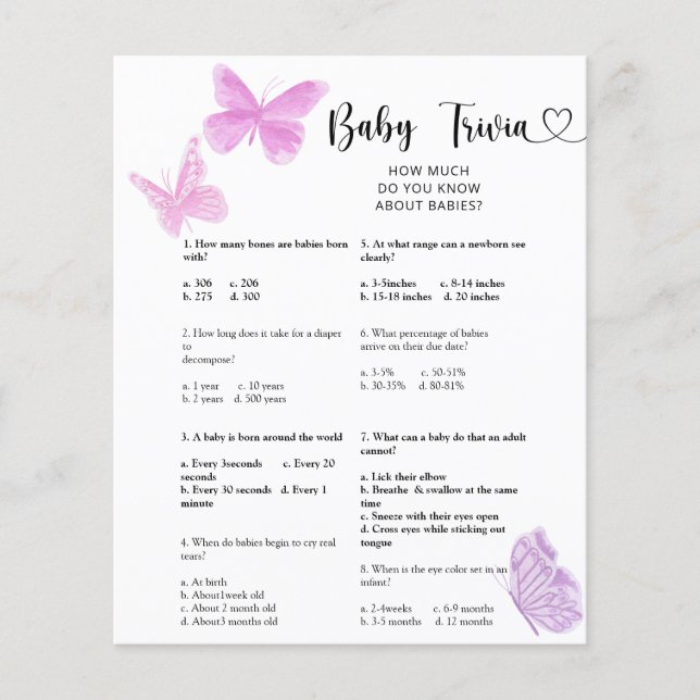 Papillons - Bébé Quiz | Jeu de Baby Shower (Devant)