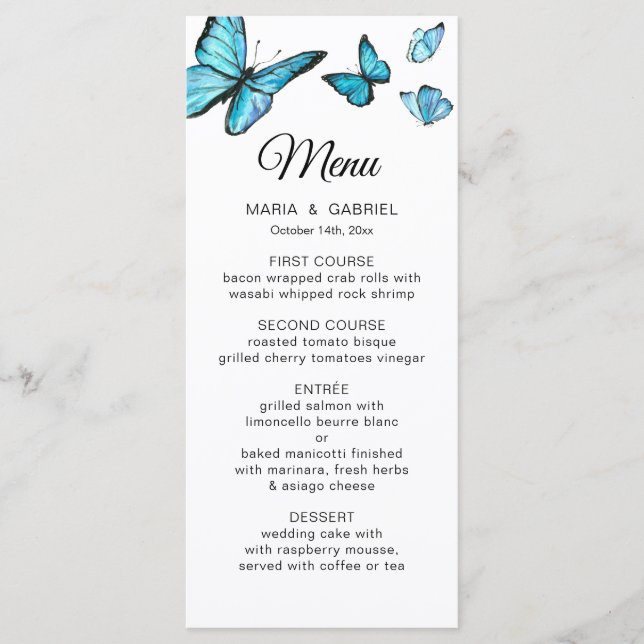 Papillons bleu Mariage Carte Menu (Devant)