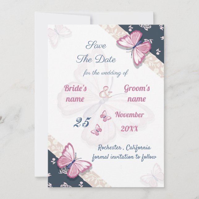 papillons bleu marine rose enregistrer la date (Devant)