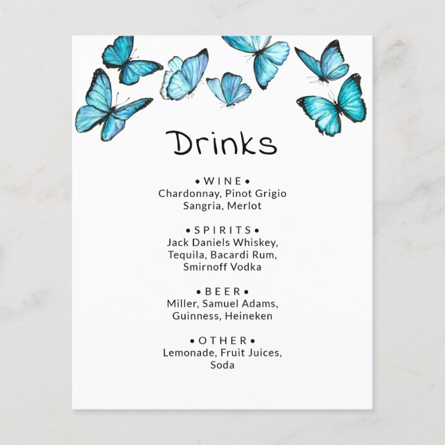 Papillons bleus. Menu mariage Whimsical Boissons (Devant)