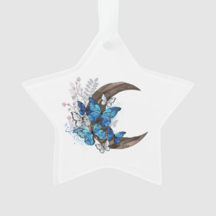 Papillons bleus sur croissant en bois
