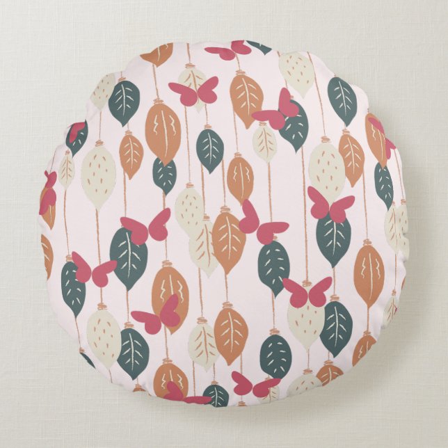 Papillons Boho et Motif Coussin rond Feuille (Devant)