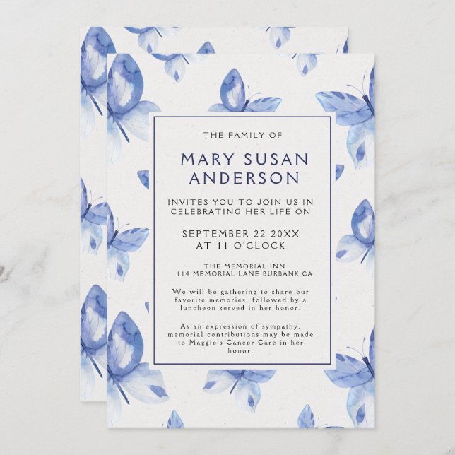 Papillons commémoratifs funéraires Faire-part phot (Devant / Derrière)