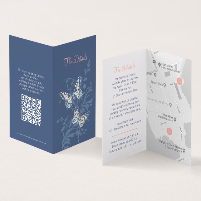 Papillons corail bleu mariage détails carte QR (Inside and Outside)
