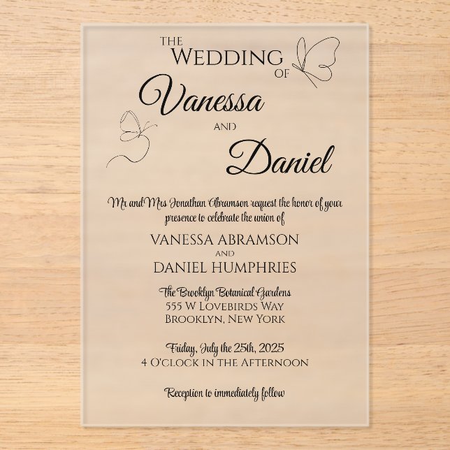 Papillons croqués Faire-part de mariage acrylique (Recto)