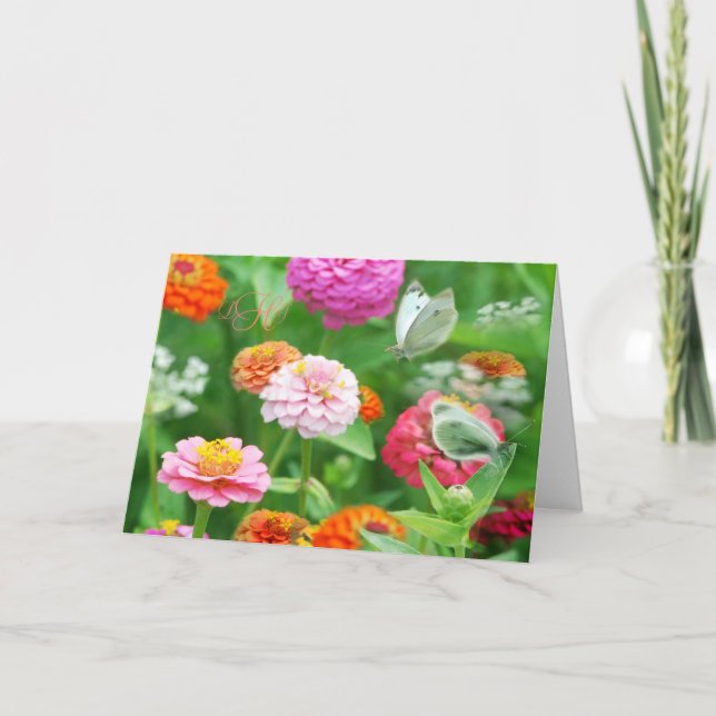 Papillons dans une carte de voeux de Jardin Zinnia (Devant)
