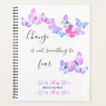Papillons d'aquarelle personnalisés<br><div class="desc">Joli planificateur féminin, personnalisé avec votre nom et décoré de beaux papillons aquarelles. La citation positive dit "le changement n'est pas quelque chose à craindre" et est écrit en élégante typographie manuscrite. Parfait pour la maison, le travail ou l'école - intérieur non daté pour que vous puissiez commencer à planifier...</div>