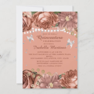 Papillons en argent corail Quinceañera Invitation