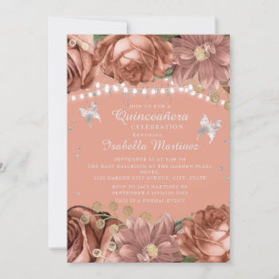 Papillons en argent corail Quinceañera Invitation