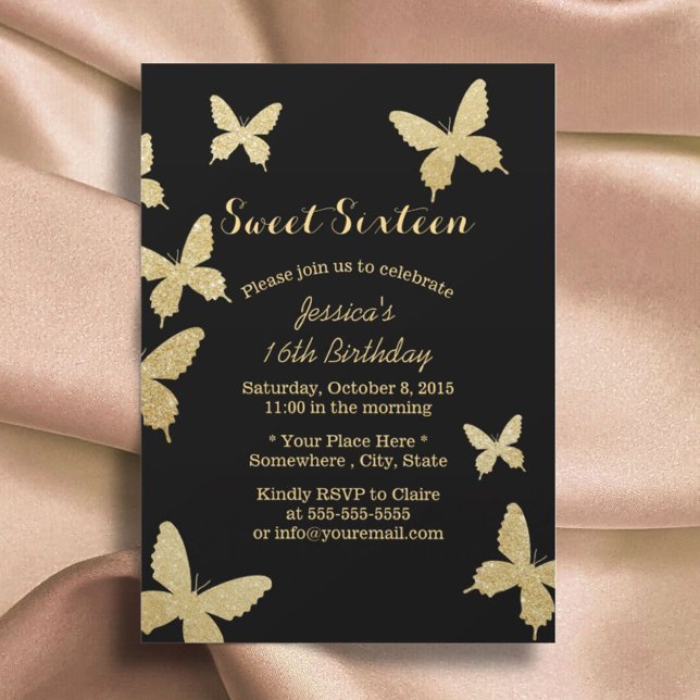 Papillons en or chic Invitations pour Sweet 16 (Créateur téléchargé)