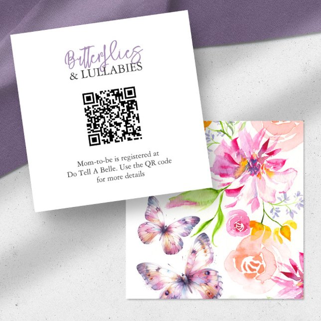 Papillons et berceuses Cartes de fermeture du Regi (Baby shower invitation insert card purple butterfly theme floral art by Victoria Grigaliunas)