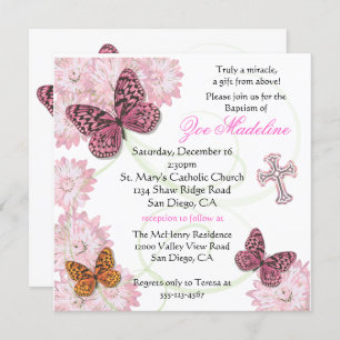 Papillons et fleurs Baptême Invitation