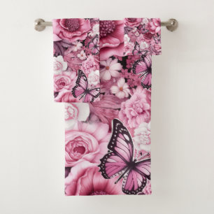 Papillons et Fleurs dans des tons roses variés