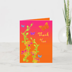 Papillons et fleurs en néon Carte de remerciements