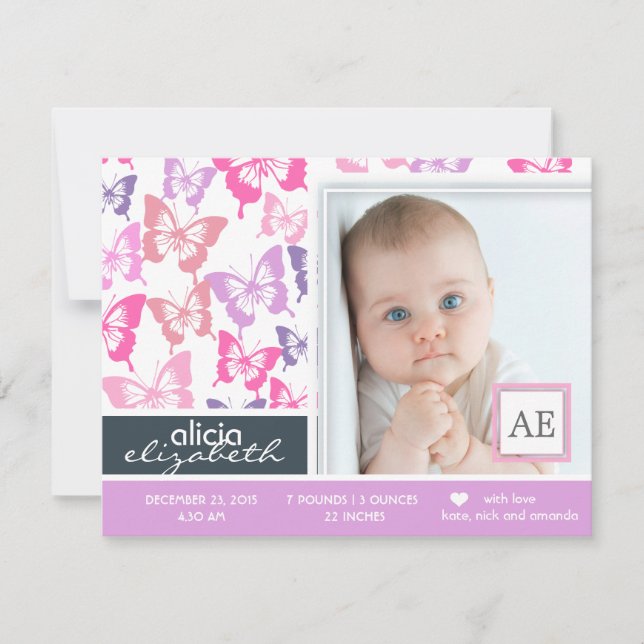 Papillons faire-part de naissance photo fille fill (Devant)