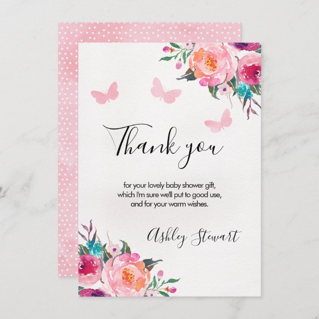 Papillons floraux Baby shower Carte de remerciemen (Devant / Derrière)
