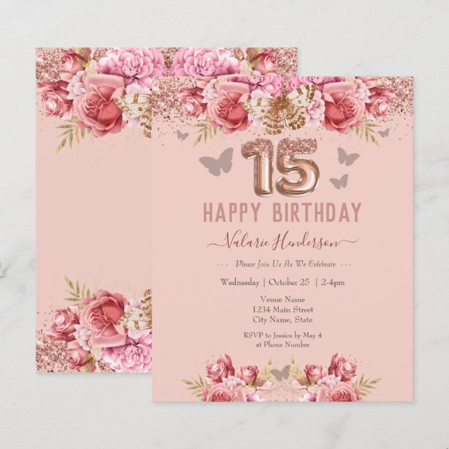 Papillons floraux rose heureux 15e anniversaire (Devant / Derrière)