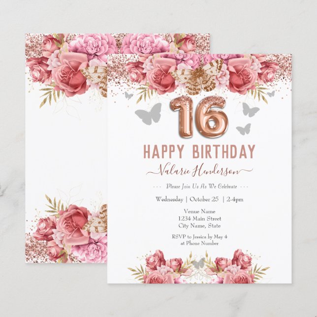 Papillons floraux rose joyeux 16e anniversaire (Devant / Derrière)