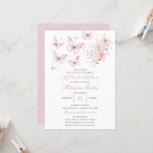 Papillons floraux roses Quinceañera Invitation