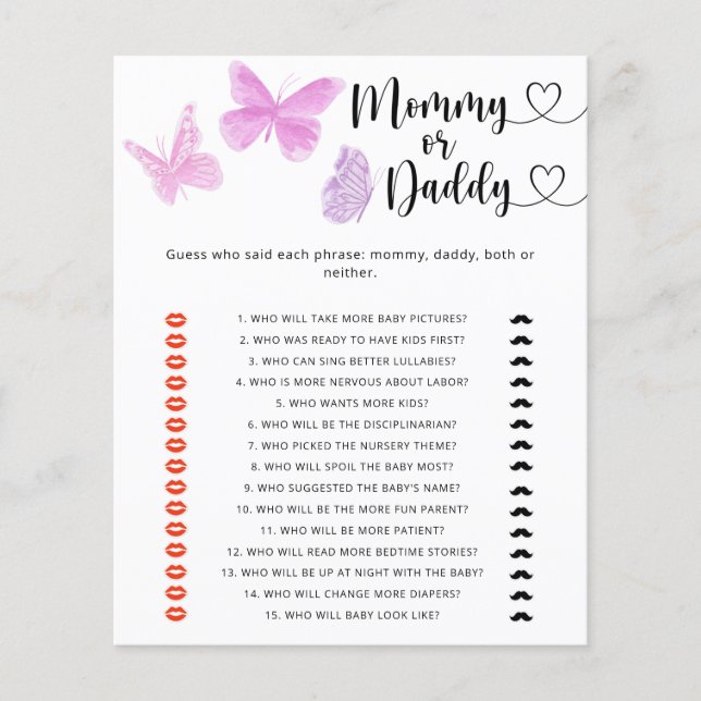 Papillons - jeu de baby shower pour maman ou papa (Devant)