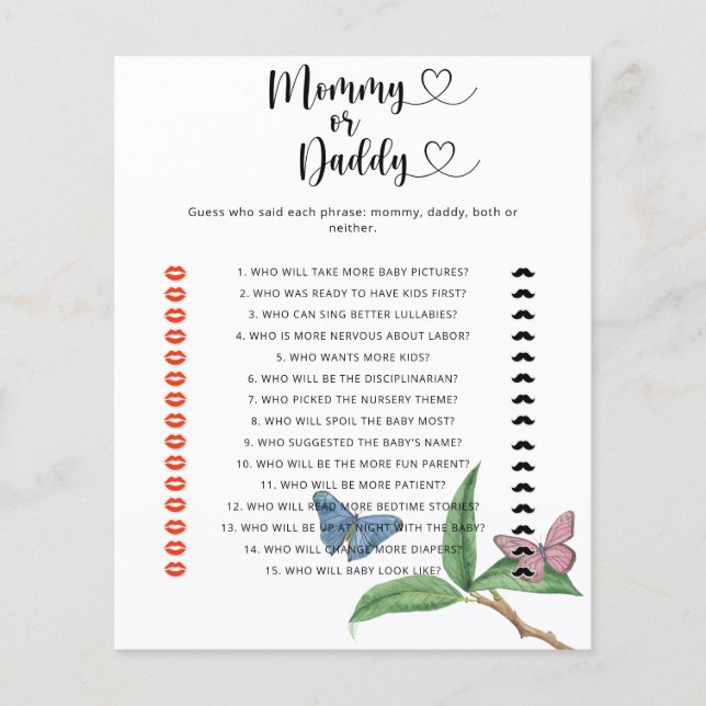 Papillons - jeu pour baby shower « maman ou papa » (Devant)
